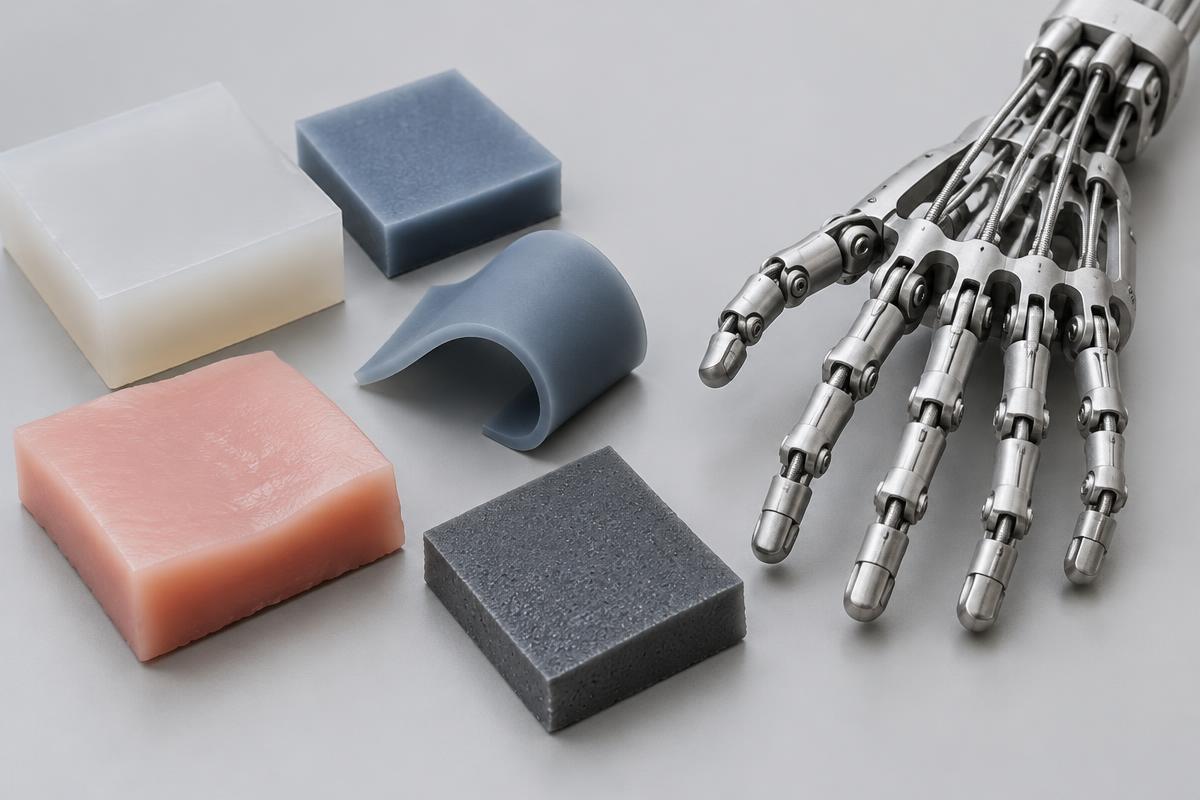 Illustrated silicone sample blocks beside an articulated metal display hand